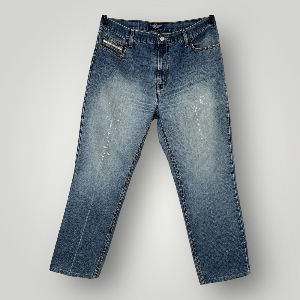 VINTAGE US Polo Assn Mens Jeans 38x34 Baggy Y2K Retro Blue Denim Distressed